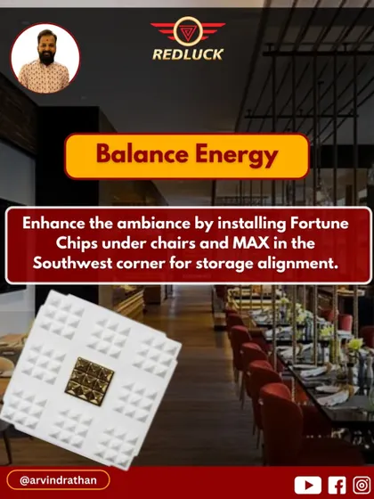 To balance the overall energy and enhance the ambiance of a restaurant, I advise installing Fortune Chips under customer chairs. Additionally, placing a MAX pyramid in the Southwest corner for storage alignment helps stabilize the space.