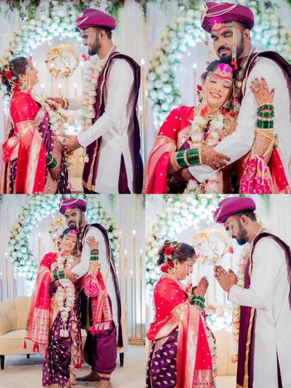 A collage capturing the heartwarming moments of the Varmala (garland exchange) ceremony during a Maharashtrian wedding.