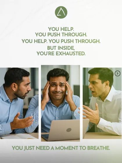 This image captures the feeling of being exhausted and overwhelmed by work. Our silent retreat is designed as a pause button for exactly this feeling, offering a moment to just breathe and reset.