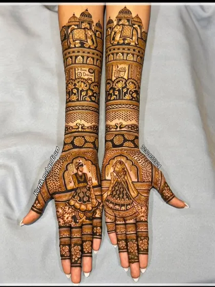 This design features a dancing bride and groom, capturing the joy of the wedding. The arms are decorated with elephant motifs and jharokha patterns, adding a royal touch.