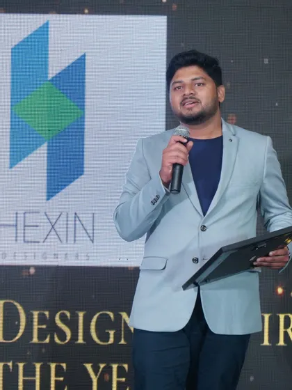 Our founder, Haricharan K V, speaking after being honored with the "Creative Designing Firm of the Year" award. This recognition is a reflection of our entire team's collective effort and passion for delivering exceptional projects.