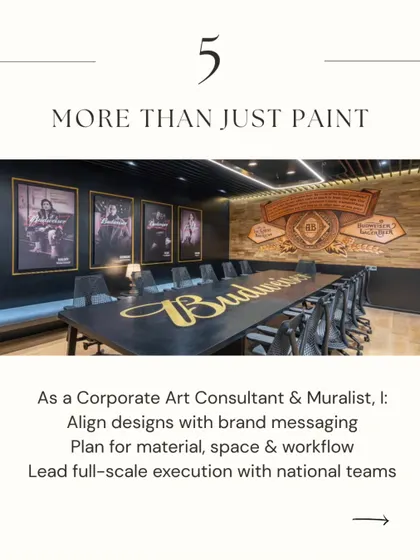 As a Corporate Art Consultant and Muralist, my role is more than just painting. I align designs with brand messaging, plan the use of materials and space, and lead full-scale execution with my national teams.