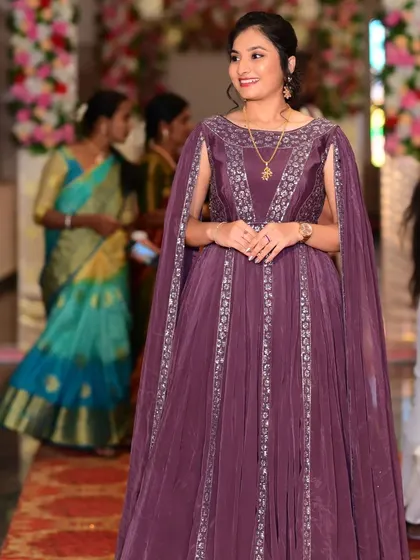 Akshatha looking elegant for her sister's wedding. I gave her a sophisticated look with a modern purple gown, soft makeup, and a simple yet chic hairstyle.
