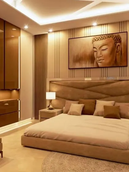 A repeat of the tranquil, Zen-inspired bedroom (ID 205), showcasing the custom headboard and glossy wardrobe. The warm lighting and earthy tones create a peaceful atmosphere.