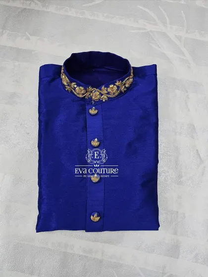 Another view of the royal blue kurta, showing the rich color and the intricate collar embroidery.
