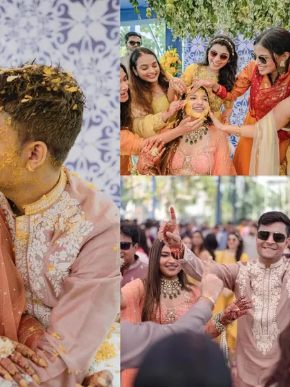 A collage capturing the vibrant joy of a Haldi ceremony. From the groom's grand entrance to the couple being covered in turmeric, every frame is full of life.