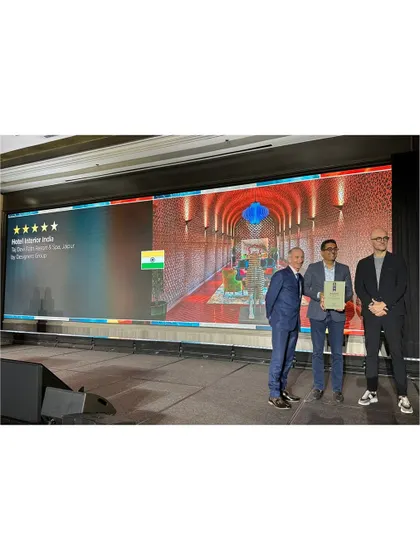Ar. Khozema Chitalwala accepting the 2025-2026 Asia Pacific Hotel Award for Best Hotel Interior Design for our work on the Taj Devi Ratn Resort. This recognition underscores our commitment to design excellence.