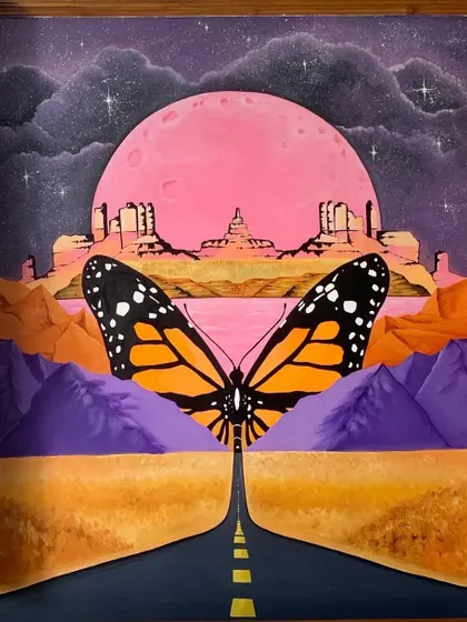 A surrealist-inspired commission painting. This piece features a monarch butterfly on a desert road leading towards a pink moon, creating a dreamlike and imaginative landscape.