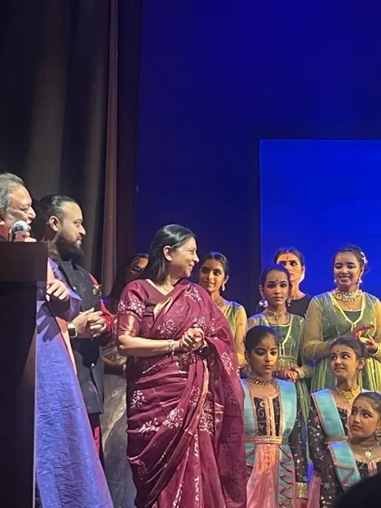 A moment of joy on stage as we congratulate another Kathak school for a beautiful event, celebrating the growth of the Kathak family.