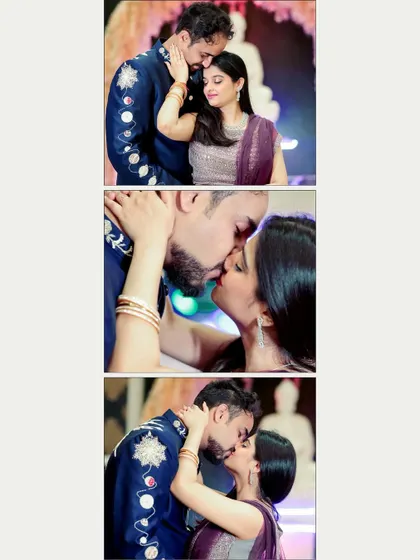 A photo strip capturing the progression of a kiss. This is a fun and intimate way to document a couple's chemistry during their engagement shoot.