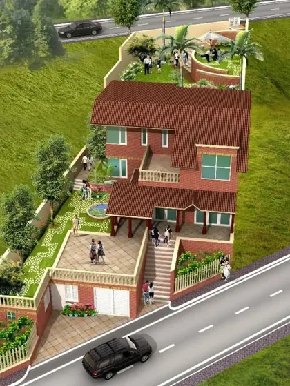 An aerial view of the hill home concept, showing how the structure integrates with the landscape. The design includes terraced gardens and a garage built into the hillside for a functional and aesthetic solution.
