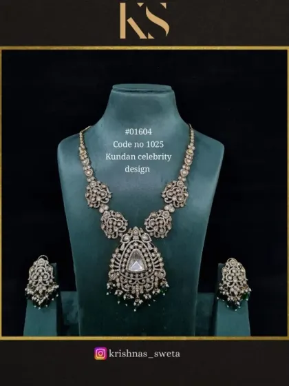 The same celebrity-inspired Kundan set, shown here with delicate green beadwork. We offer color customizations to match your outfit perfectly.