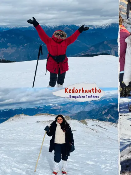 That feeling of being on top of the world. Our trekkers celebrating their journey on the snowy slopes, with panoramic views of the Himalayas all around them.