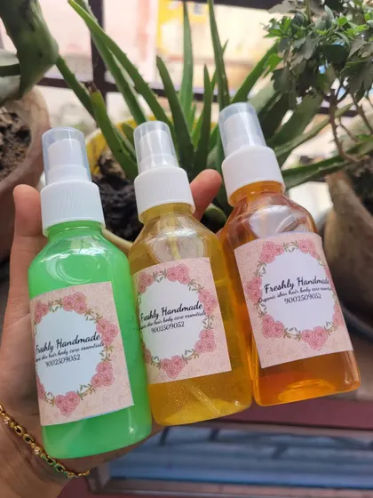 Here is a trio of my facial mists. I have a Cucumber mist for cooling, a Vitamin C mist for brightening, and a Gold mist for a special glow.