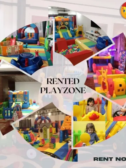 This circular collage gives a 360-degree view of my rented playzone offerings. It features multiple indoor setups with bouncy castles, ball pits, and slides, all available for you to rent.