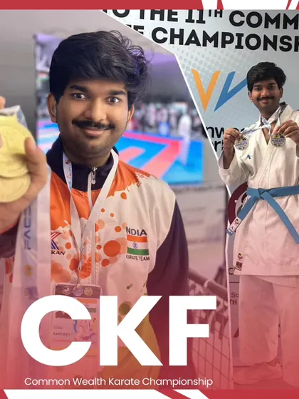 A collage celebrating the two gold medals from the 11th Commonwealth Karate Championship in Durban, South Africa. A golden comeback for India.