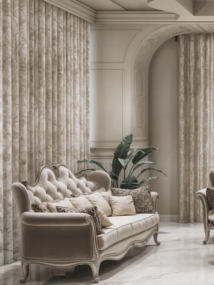 This shot highlights the luxurious texture of the damask curtains and the soft upholstery of the classic sofa.