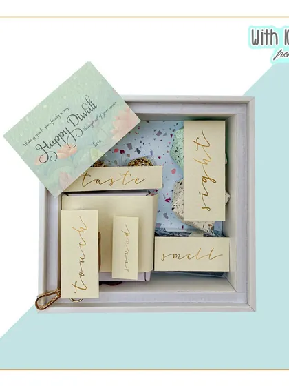 A flat-lay view of the '5 Senses' hamper, showing how all the different elements come together in one beautifully arranged gift box.