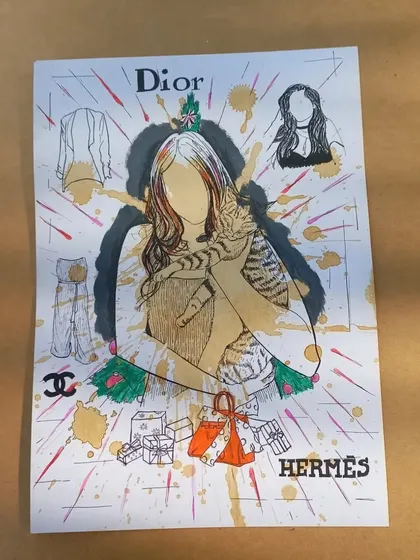 This was a fun, fashion-themed custom illustration. I incorporated brand logos and personal elements into a collage-style portrait, using coffee, fine-liners, and a splash of color.