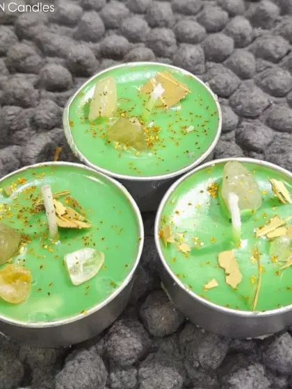 My Navratri tealights are all set to light up your homes. These green ones are infused with crystals and herbs to bring in prosperity and nature's energy.