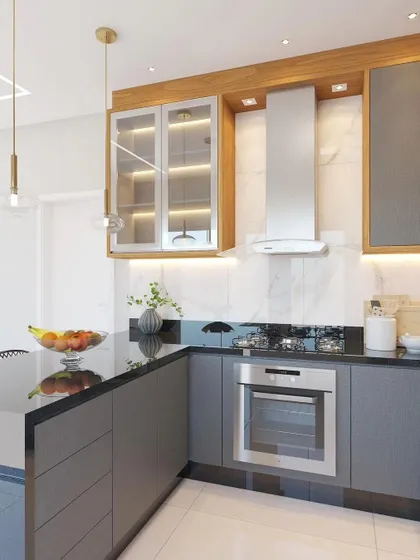 This 3D render details a kitchen corner with glass-front upper cabinets, a modern chimney, and built-in oven, showcasing our attention to appliance integration.