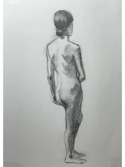 A figure drawing in charcoal on paper, based on the same pose. Drawing is fundamental to my practice, and studies like this help strengthen my understanding of anatomy and form.