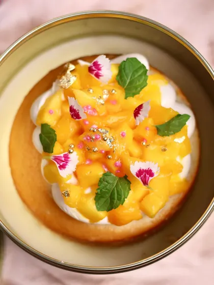 A close up of our Mango Tres Leches cake for Mother's Day, topped with fresh mango and edible flowers.