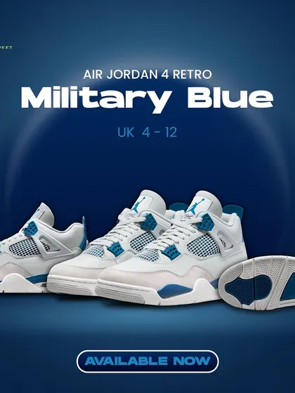 A full look at the Air Jordan 4 Retro 'Military Blue'. This graphic shows the shoe from multiple angles, highlighting the off-white leather and distinct blue accents.