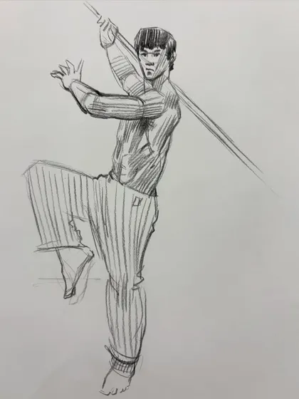 A figure drawing inspired by Bruce Lee, capturing a classic martial arts pose with energy and movement.