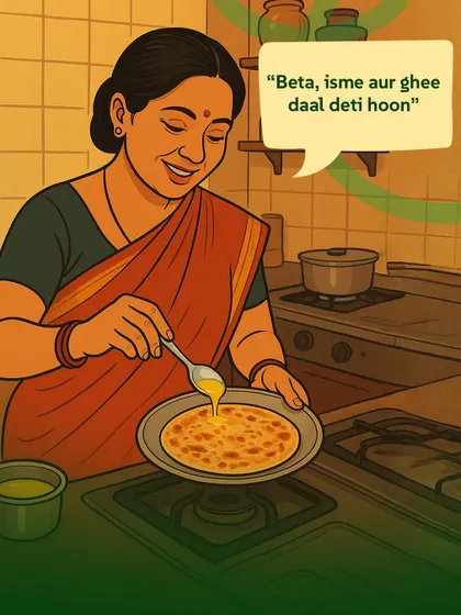"Beta, isme aur ghee daal deti hoon." An illustration celebrating ghee, a staple in Indian kitchens. I use pure ghee for its high smoke point and health benefits, ensuring flavour without compromise.