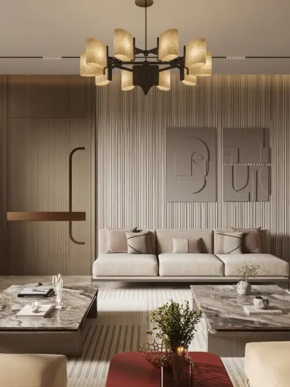 A collection of views from a contemporary living room, where neutral tones and varied textures create a calm, sophisticated environment. We've focused on the interaction of different materials, from the plush striped chairs to the marble coffee tables.