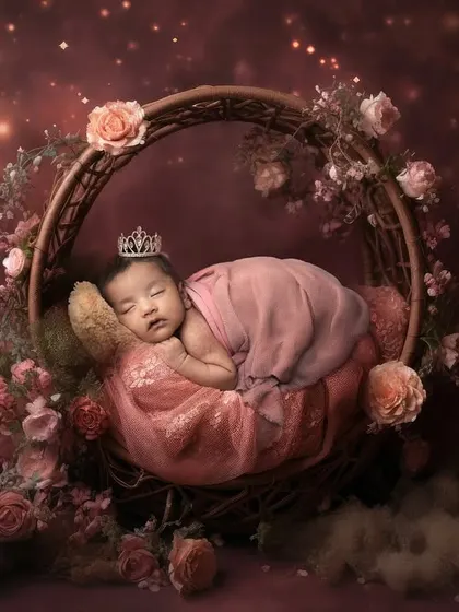 A sleeping princess in her own dreamy world. This studio shot features a newborn in a floral hoop, with a sparkling, cosmic background that gives it an ethereal feel.