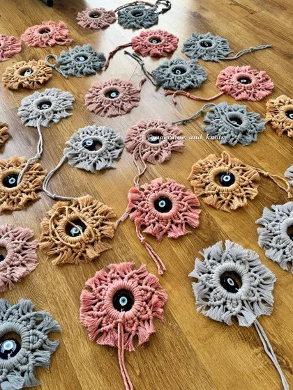 The mini wall hangings are small enough to be car charms or to hang in a small nook for a touch of handmade charm.