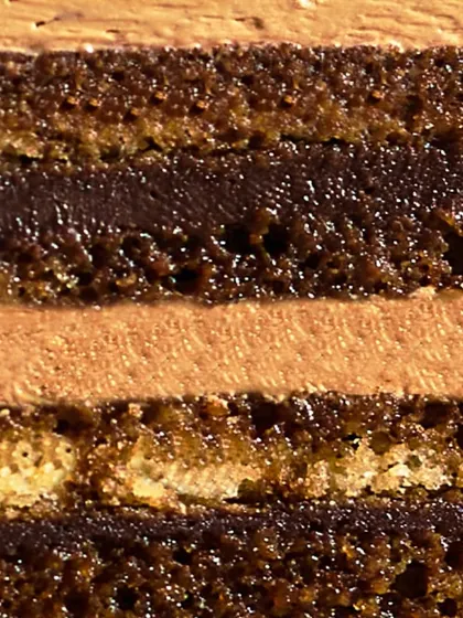 An extreme close-up of the layers within my Opera Cake. You can see the texture of the almond sponge, the smoothness of the coffee buttercream, and the richness of the ganache.