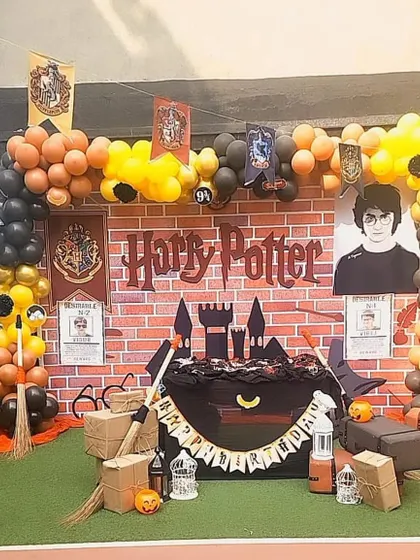 Welcome to Hogwarts! For all the little wizards and witches, I create a magical Harry Potter world. This setup includes the iconic brick wall backdrop, house banners, and all the little details for an enchanting birthday experience.
