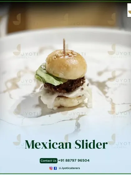 A handheld delight bursting with savory goodness. This Mexican Slider is a perfect bite-sized burger, packed with flavour and ideal for mingling.