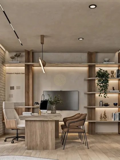This private cabin is designed for focus and functionality. It features a light wood desk, integrated shelving with soft backlighting, and a dedicated screen space, creating a workspace that is organized, well-lit, and free of distractions.