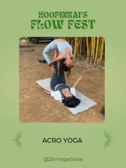 An event graphic for the Acro Yoga portion of the Flow Fest. This practice is a cornerstone of the community and connection aspect of the retreat.