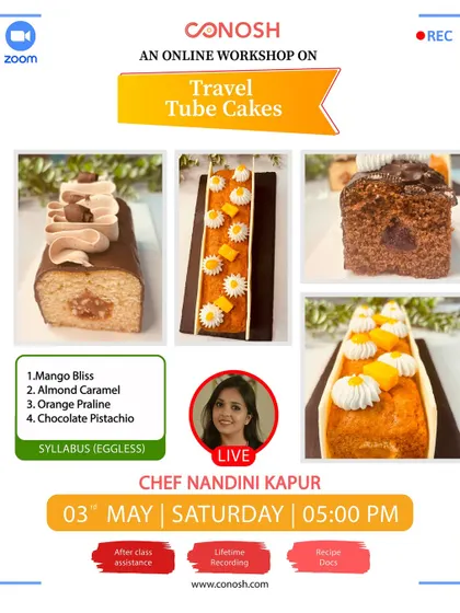 My Travel Tube Cakes workshop focuses on elegant and delicious eggless cakes that are perfect for gifting. Learn to make flavors like Mango Bliss, Almond Caramel, and Chocolate Pistachio.