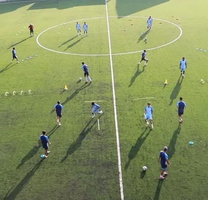 This overhead shot shows the Indian U17 team working on one-touch passing and movement drills. This enhances on-field responsiveness, decision-making speed, and technical precision under pressure.