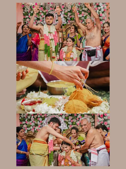 A collage capturing the joy and excitement of a Brahmin wedding, from the family celebrations to the sacred rituals.