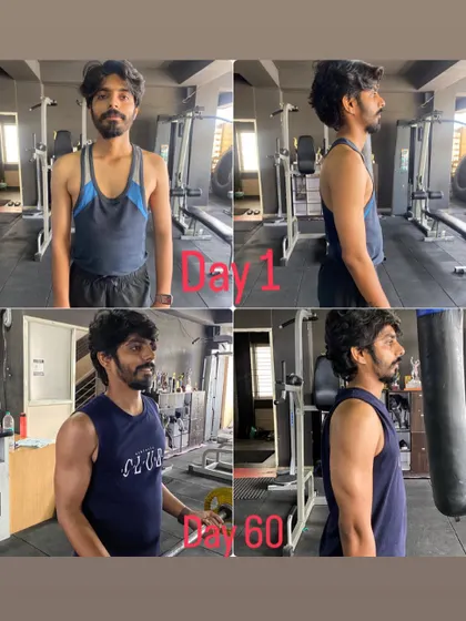 In 60 days, this client gained 8 kg of quality muscle. His posture has also improved significantly, demonstrating the benefits of a structured mass gain program.