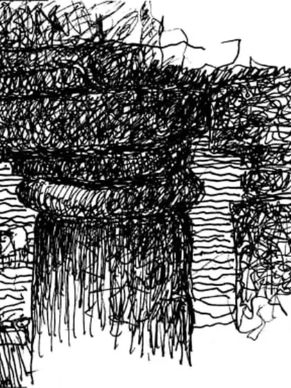 A sketch by architect Peter Rich, capturing the spirit of the Wageshwar Temple restoration. The temple, submerged by monsoon rains, reveals itself in the winter, a powerful demonstration of the cyclical relationship between nature and structure.
