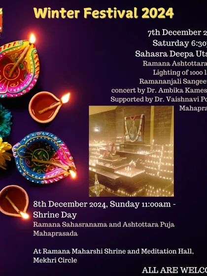 An invitation to our Winter Festival, featuring the Sahasra Deepa Utsava. This festival of lights includes a concert, puja, and Mahaprasada, creating a divine atmosphere at the Shrine.