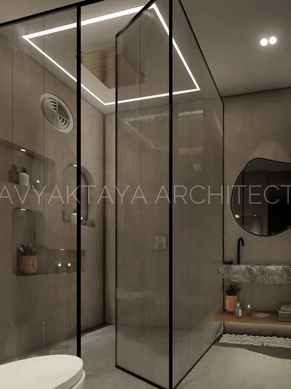 A concept for a bathroom with upcoming monotone luxury. The space is enveloped in a seamless micro-concrete finish, with a glass-enclosed shower area featuring integrated ceiling lights. The design is minimalist yet powerful, focusing on form and texture.