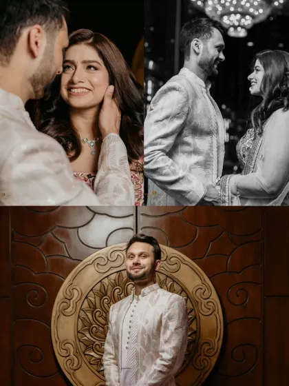A collage of moments from the roka ceremony, including candid portraits of the groom and romantic shots of the couple in both color and black and white.