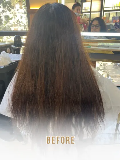 The "before" shot of a hair transformation, showing flat, one-dimensional hair ready for a colour refresh.