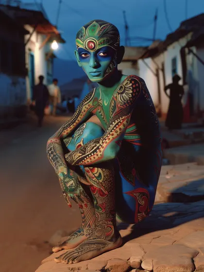 A crouching 'Metaform' character, their body covered in detailed, flowing designs. The lighting and posture are meant to create a sense of mystique.
