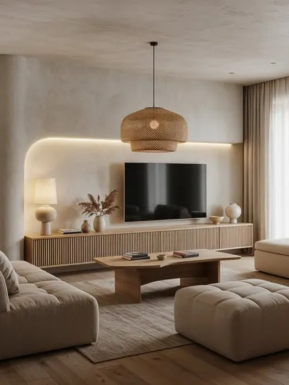 This living room embraces the softer side of Japandi design, with curved walls, plush neutral sofas, and a large woven pendant light. The space feels calm, cozy, and welcoming.