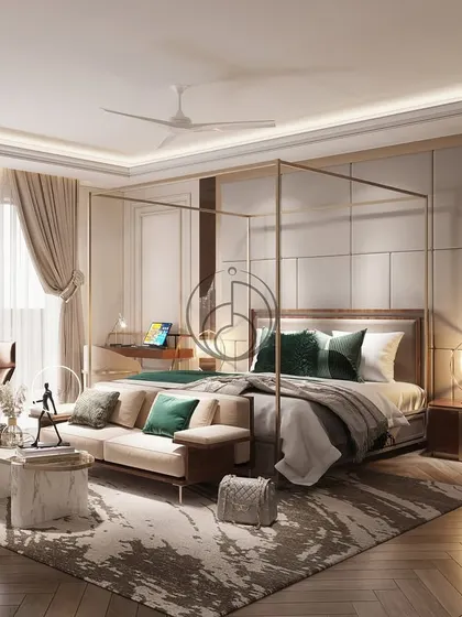A beautifully appointed bedroom showcasing our signature style of quiet luxury. This space combines layered textures, a soothing color palette, and bespoke furniture to create a personal sanctuary for rest and relaxation.